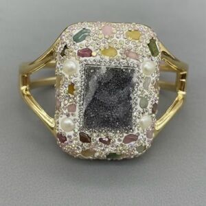 Bracelet Natural Agate Crystal Rhinestone Inlaid Gold-tone Statement Large NEW